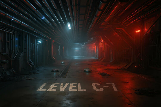Dark sci fi corridor labeled “LEVEL C-7” with blue and red lights, metallic pipes on ceiling and walls, scattered debris on floor, eerie futuristic spaceship or bunker interior with tense atmosphere.