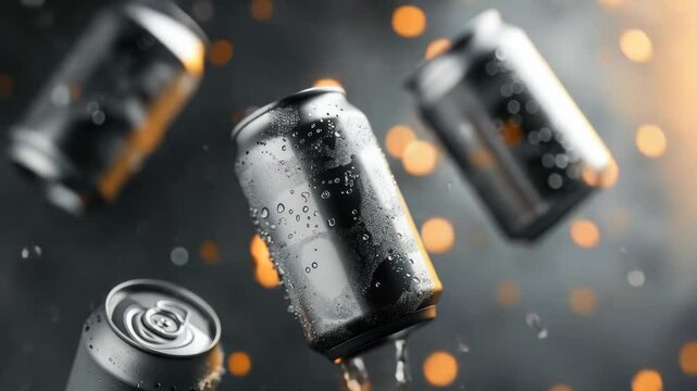A group of soda cans suspended in mid-air, seemingly defying gravity