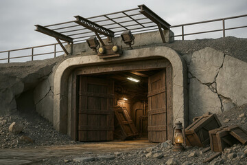 Rugged bunker entrance built into rocky hill with cracked concrete frame, large wooden doors open revealing pipes inside, crates and lantern outside, floodlights above, post apocalyptic 