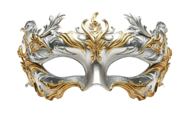 Festive masquerade mask designed in elegant gold and silver tones perfect for a glamorous event isolated on transparent background PNG