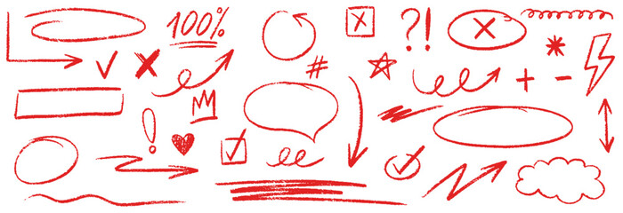 Red pencil hand drawn text underline, oval, chalked arrows, check marks. Doodle charcoal stroke emphases, arrow, highlight, speech bubble elements. Marker, pen brush stroke. Vector illustration