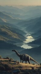 Large dinosaur wandering through a misty valley at dawn with mountains and a river in the background