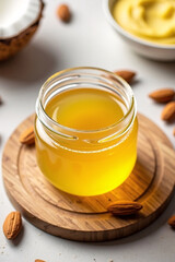 Golden ghee in glass jar with raw butter, almonds, and coconut on wooden board, soft warm light, healthy fat, clean ayurvedic kitchen, natural wellness food photography