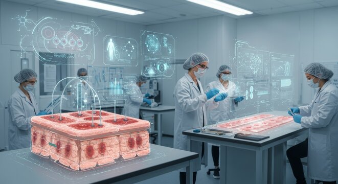 Scientists in a lab examine skin models with holographic displays showing data. The scene is cool-toned and sterile, emphasizing technology. - Powered by Adobe