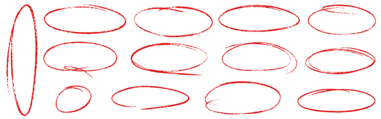 Hand drawn red crayon ovals and circles. Ellipses pencil doodle style set. Red round rough thin frames. Round freehand shapes, emphasis highlights. Vector elements for hand drawn diagrams