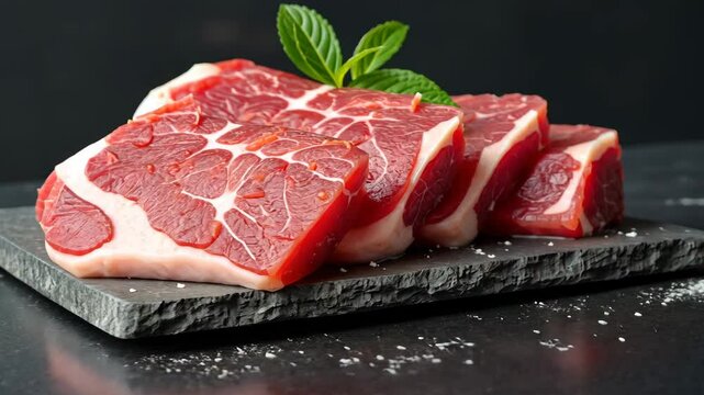 Raw beef cubes on a black stone plate with fresh mint leaves. High-quality meat for steak, barbecue, or gourmet cooking.