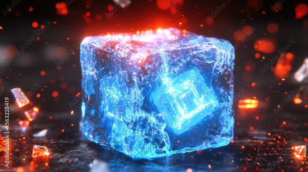 Poster dynamic ice cube melting with fiery glow digital art sci-fi environment close-up view for visual imp