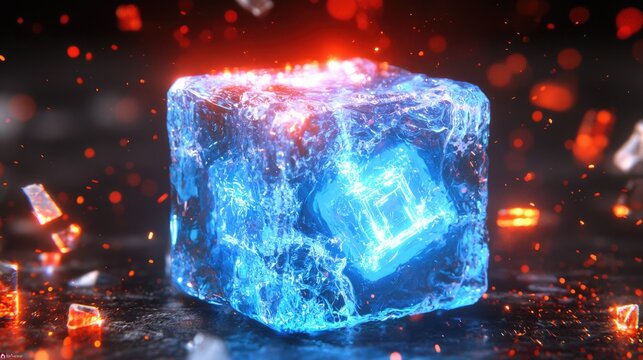 Dynamic ice cube melting with fiery glow digital art sci-fi environment close-up view for visual impact