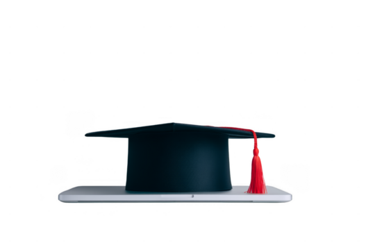 A black graduation cap with a red tassel resting on a closed silver laptop.