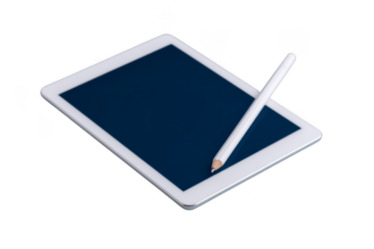 A white tablet and a stylus pen resting on its screen, positioned diagonally on a black surface.