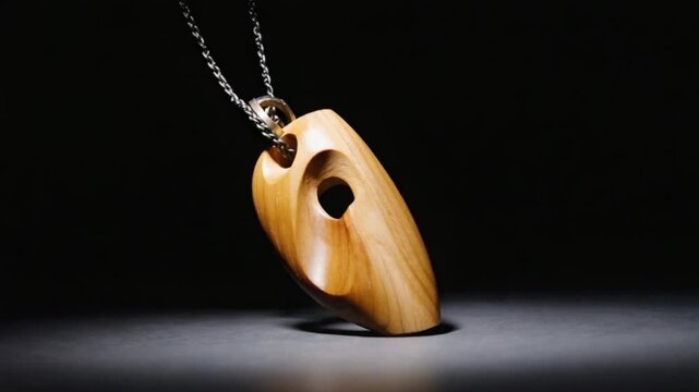 View of carved wooden pendant on black background light video. Ai generated.