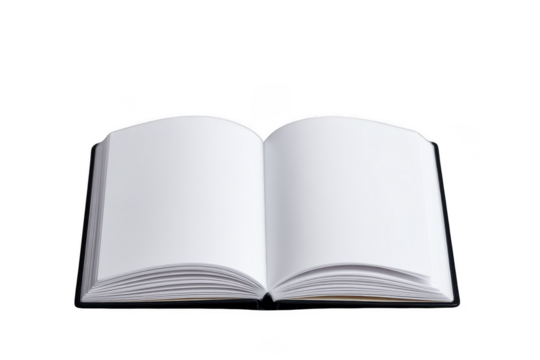 An open blank book with white pages displayed flat, ready for writing or reading.