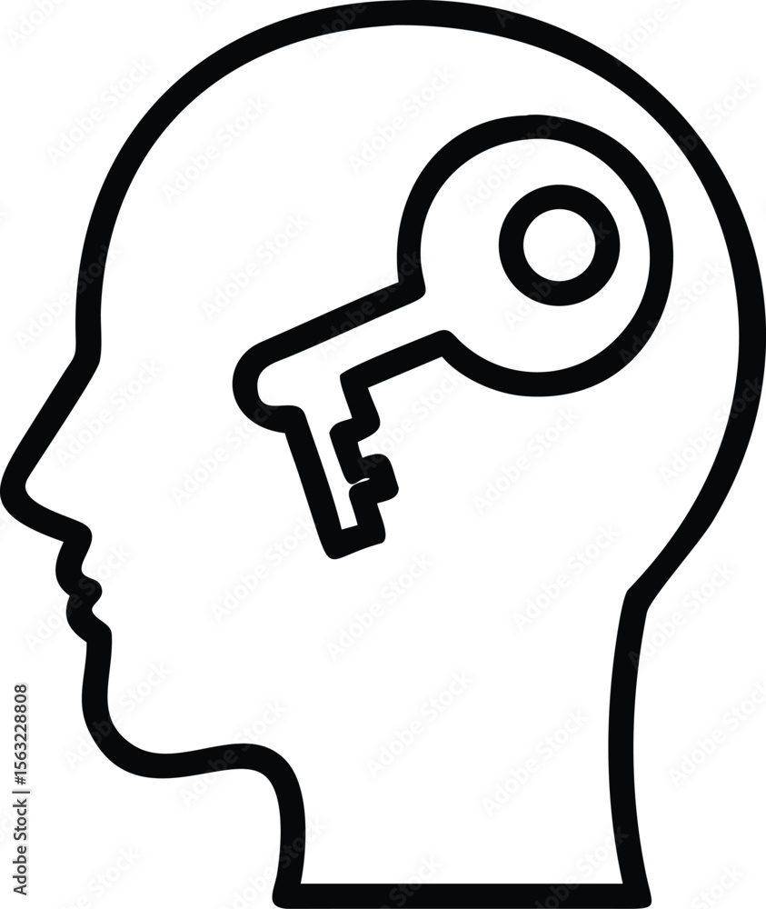 Poster outline head profile with key inside, abstract problem solution graphic