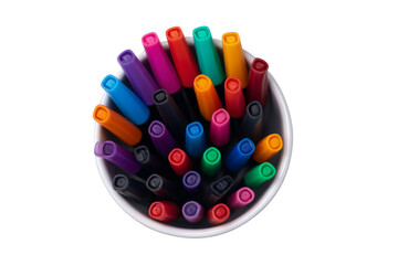 A top-down view of a cup filled with various colorful marker pens arranged tightly together.