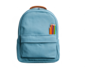 A light blue backpack with a front pocket holding six colorful pencils.