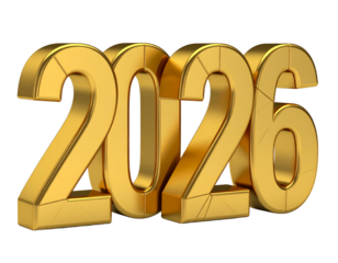 year 2026 golden symbol, 3d-illustration transparent background.