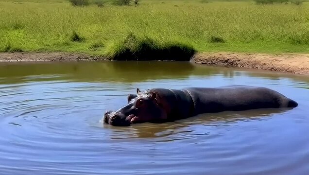 The Hippopotamus (Hippopotamus amphibius) open his mouth in a pool of the Mzima Springs, Tsavo National Park, Kenya.
