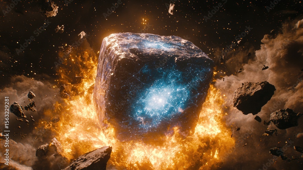 Poster cosmic explosion of a sparkling cube space digital art interstellar environment dramatic viewpoint s