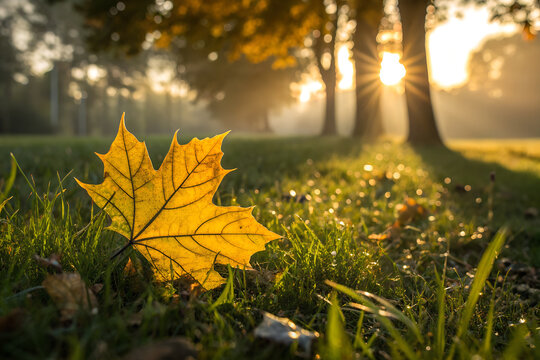 Golden autumn maple leaf rests on dewy grass as sunrise filters through trees in a serene forest park, capturing the peaceful essence of early fall morning generative ai