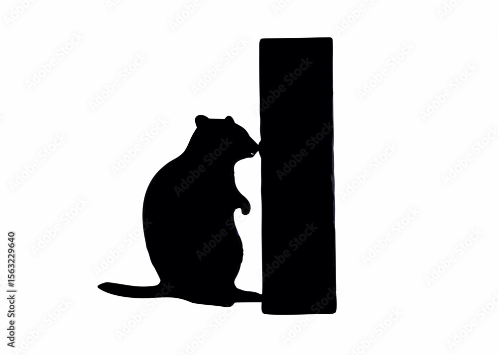 Poster silhouette of a beaver standing upright next to a dark rectangular shape on a white background creat
