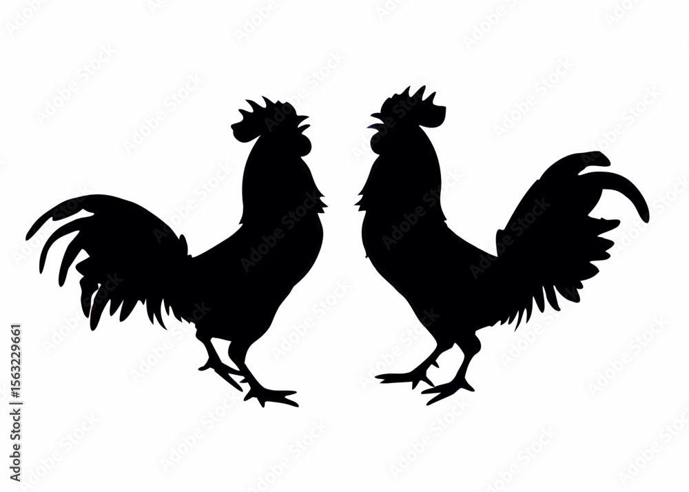 Poster silhouette illustration of two roosters facing each other on a white background in a symmetrical des