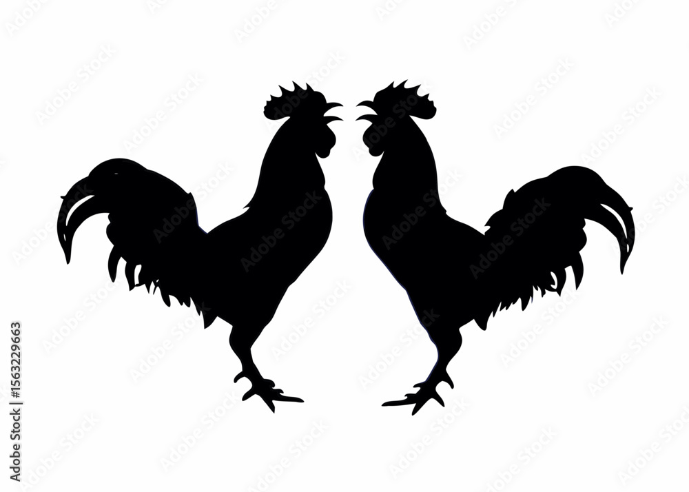 Poster two rooster silhouettes facing each other in a symmetrical composition on a white background created