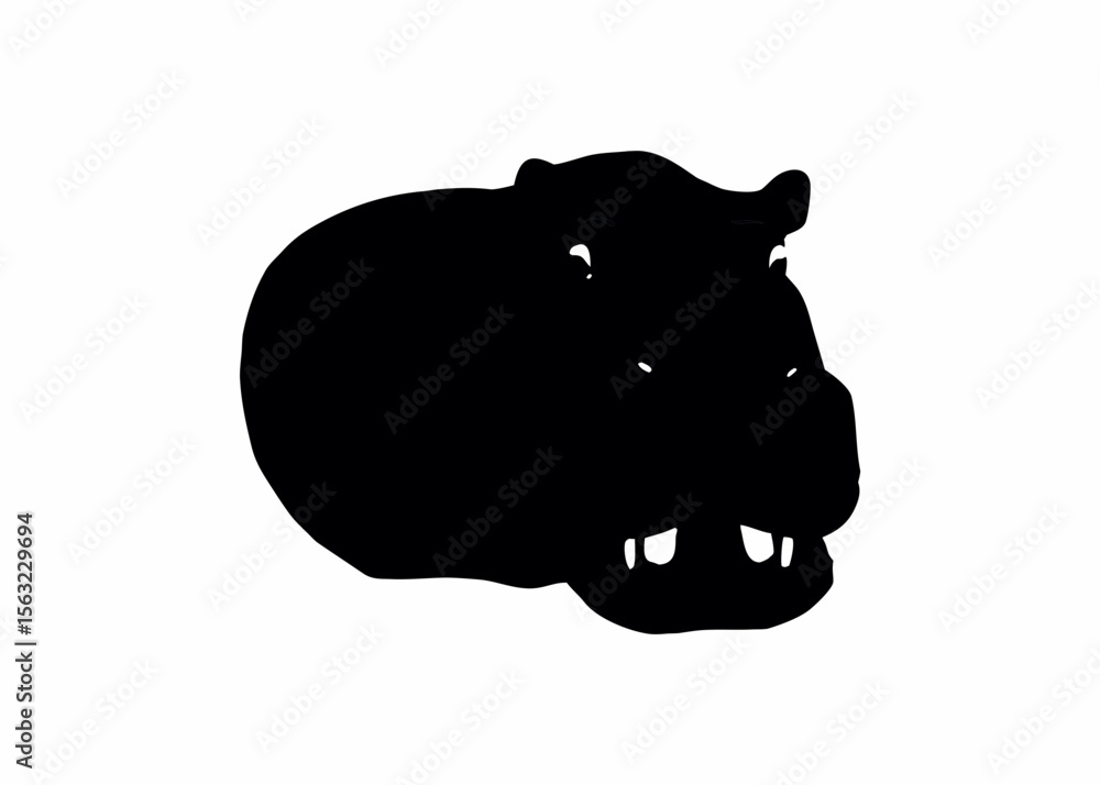 Poster silhouette of a hippopotamus with visible teeth and small eyes on a white background image view crea