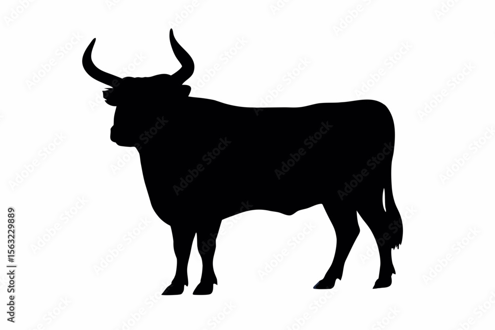 Poster silhouette of a large bull standing with its head turned and visible horns against a white backgroun