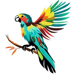 Fototapeta premium Vibrant blue and yellow macaw, a cute tropical parrot, perches on a branch, illustrated with colorful feathers, capturing exotic jungle wildlife art