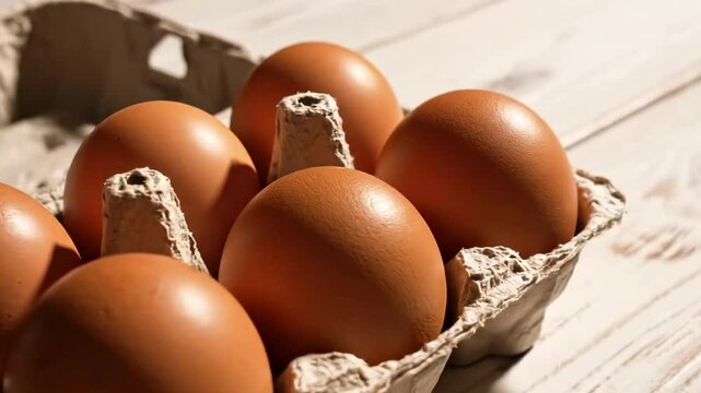 A close-up view of a carton holding six brown eggs, placed on a rustic wooden surface, showcasing their smooth texture and natural color, ideal for cooking and baking themes