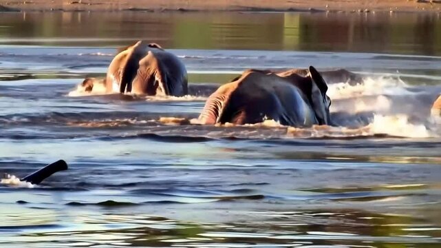 Close up of African elephants (loxodonta africana) playing in the water in Tsavo National Park, Kenya.
