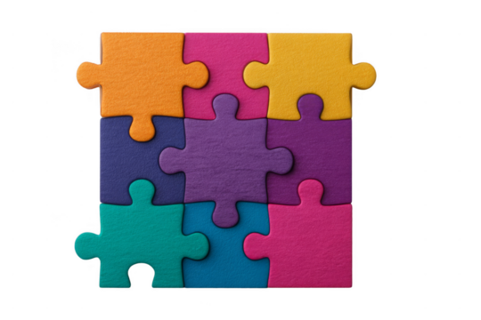 Nine colorful interlocking jigsaw puzzle pieces arranged in a square pattern.