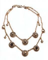 Fototapeta premium Gold necklace with round pendants on white background