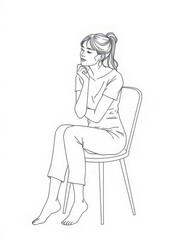 Contemplative Woman Sitting on Chair Outline: Pensive Black and White Illustration for Thought and Reflection Concepts