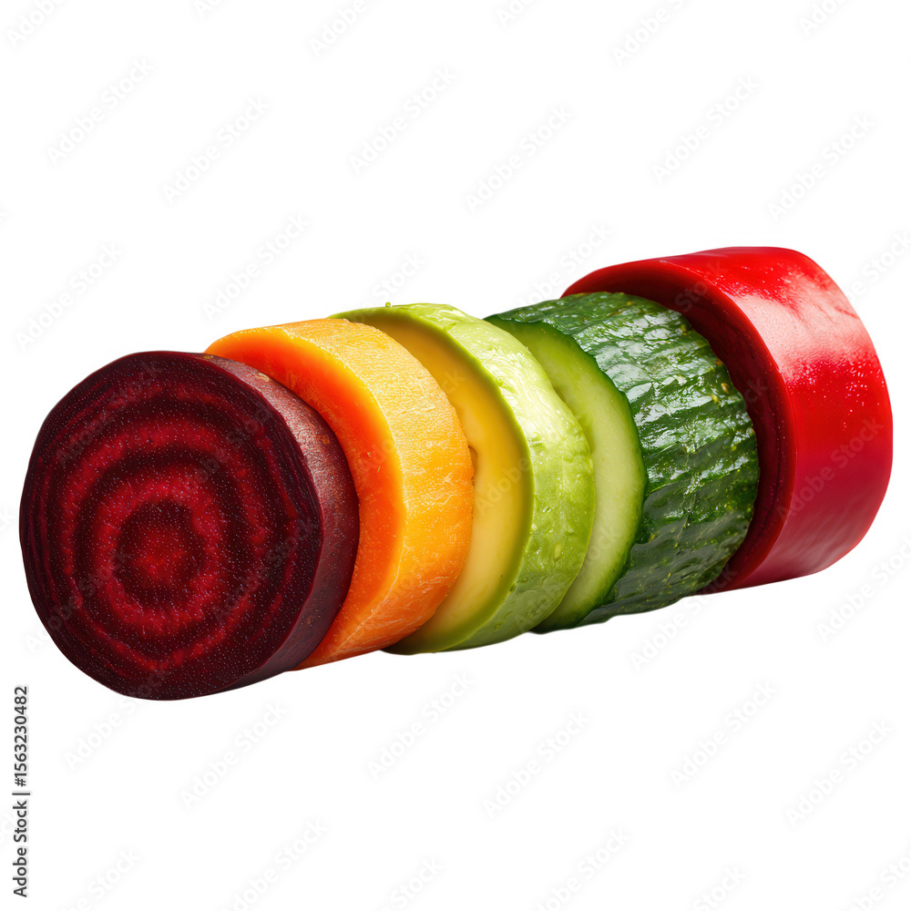 Poster colorful sliced vegetables arranged in a row isolated on transparent background