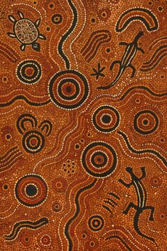 traditional Australian Aboriginal art. Include vibrant earth-tone colors such as ochre, red, black, and white. Feature dot painting techniques, circular patterns, and symbolic motifs representing natu