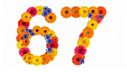 Number 67 made out of flowers with solid white background. Photo for 67th birthday or anniversary party