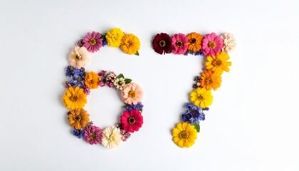 Number 67 made out of flowers with solid white background. Photo for 67th birthday or anniversary party