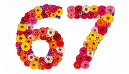 Number 67 made out of flowers with solid white background. Photo for 67th birthday or anniversary party