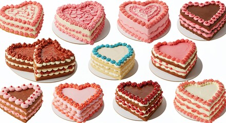 Assortment of heart shaped cakes with colorful frosting