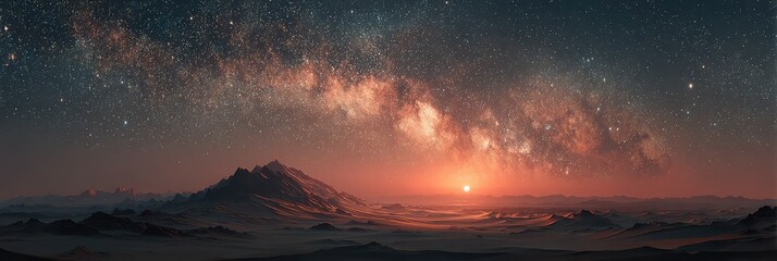 Vast night sky filled with stars and the Milky Way over a desert landscape during sunset