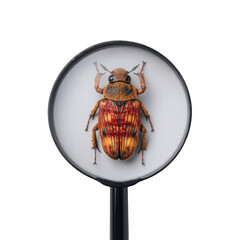 A detailed close-up of a brown and orange beetle viewed through a magnifying glass, showcasing its intricate body patterns and legs.