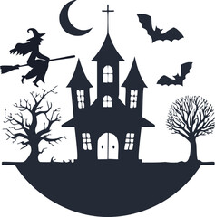 Spooky haunted house and bats silhouette against a full moon on a dark Halloween night