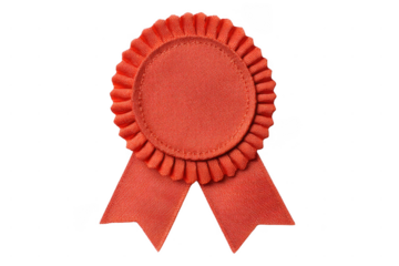 A red award ribbon with a rosette top and two downward-pointing tails, symbolizing achievement or recognition.