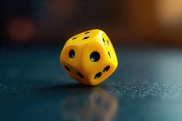 Close-up of a single yellow die rolling across a smooth, dark surface, motion blurred, capturing the dynamic energy of chance and luck , wood, fortune