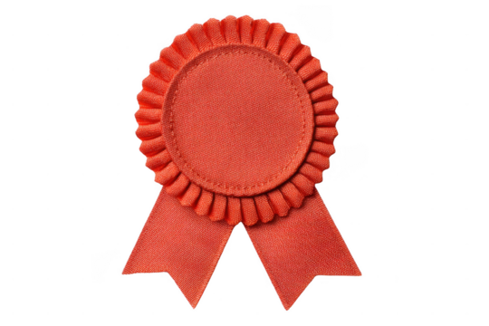 A red award ribbon with a rosette top and two downward-pointing tails, symbolizing achievement or recognition.