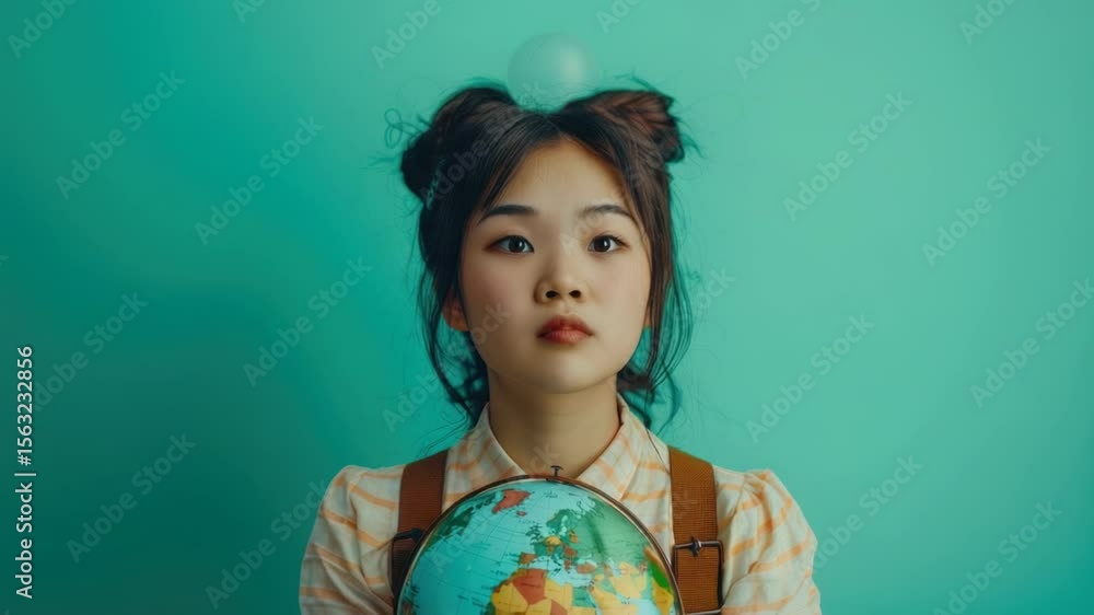 Poster a woman holds a globe with a bubble emerging from it, suggesting exploration and discovery