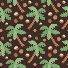 Tropical exotic plants pattern. Palm and coconut on black background. Hand-drawn vector illustration in flat style.