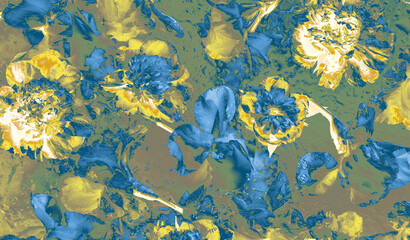 Floral background in abstract digital processing. Bright composition in blue and yellow colors suitable for design, wallpaper, packaging and prints