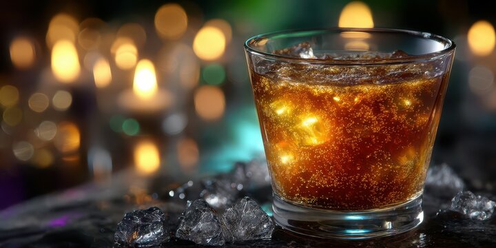 Refreshing drink served on a bar counter with soft glowing lights in the background during an evening gathering